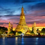 Wat Arun temple at twilight in Bangkok, Thailand.