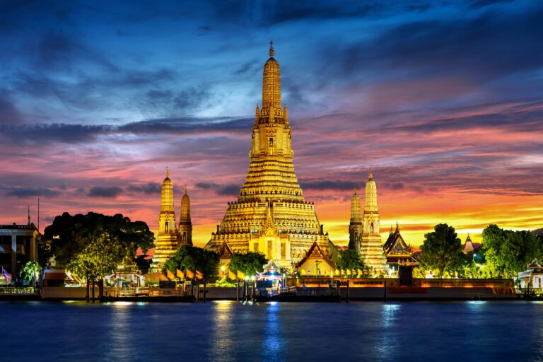 Wat Arun temple at twilight in Bangkok, Thailand.